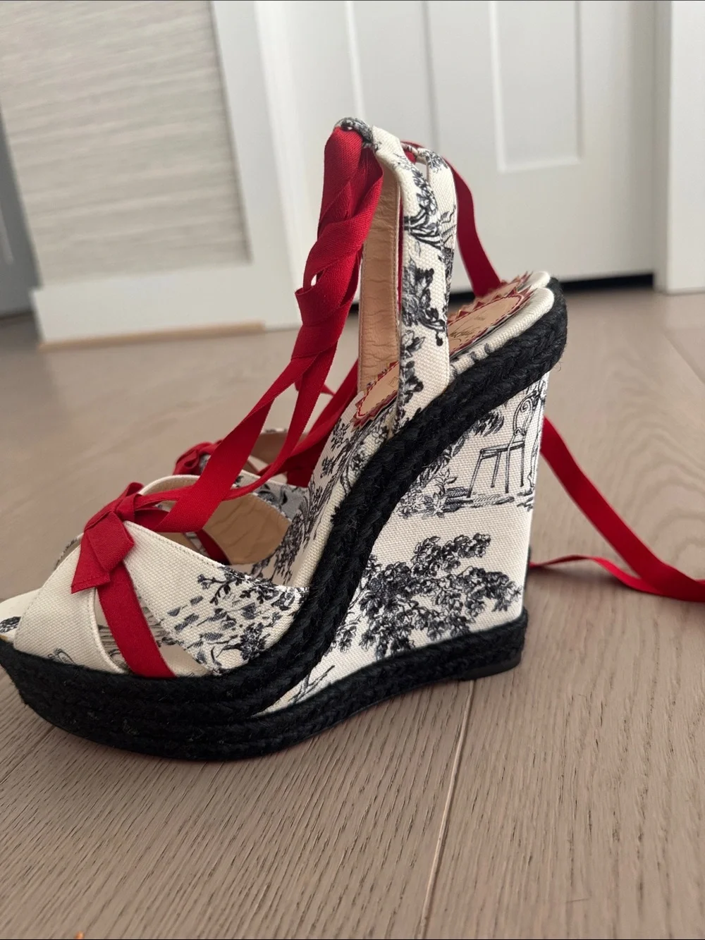 Christian Louboutin Black & White Toile Espadrille Wedges with Red Ribbon